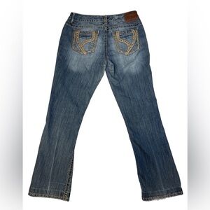 Ariya Jeans Womens 7/8 Bootcut Blue Denim Distressed Embellished Pockets Stretch